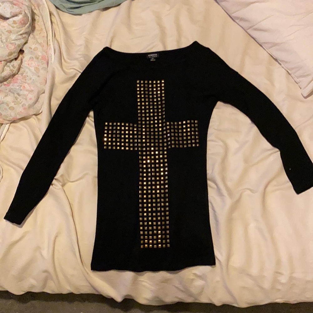 Black Long Sleeve Sweater Dress with Gold Cross Design
